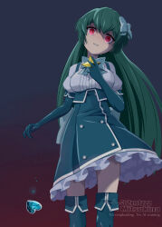  1girl 32zzz aqua_gloves aqua_skirt blue_boots blue_bow blue_bowtie blue_gloves blue_skirt boots bow bowtie breasts brooch commentary_request corruption cowboy_shot crack crazy_eyes crying crying_with_eyes_open dark_persona dress elbow_gloves frilled_dress frills gloves hair_between_eyes hair_bow head_tilt heart-shaped_gem high-waist_skirt highres jewelry large_breasts long_hair looking_at_viewer magia_azure magical_girl mahou_shoujo_ni_akogarete medium_skirt minakami_sayo parted_lips puffy_short_sleeves puffy_sleeves red_eyes revision shirt short_sleeves sidelocks skirt solo standing star-shaped_gem star_brooch streaming_tears suspender_skirt suspenders tearing_up tears thigh_boots white_shirt 