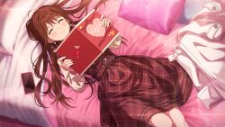 1girl bed belt belt_buckle blush brown_dress brown_hair buckle cellphone closed_eyes closed_mouth commentary_request dress earrings from_above game_cg glint happy_valentine holding idolmaster idolmaster_million_live! idolmaster_million_live!_theater_days jewelry lens_flare long_hair lying official_alternate_costume official_art on_back on_bed phone plaid_clothes plaid_dress smartphone smile solo sparkle tanaka_kotoha third-party_source valentine 