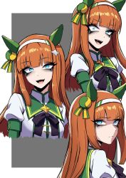  1girl animal_ears blunt_bangs blush bow brown_hair ear_covers hair_ornament hairband highres horse_ears horse_girl long_hair looking_at_viewer nagainegi orange_hair silence_suzuka_(innocent_silence)_(umamusume) silence_suzuka_(umamusume) solo umamusume white_hairband 