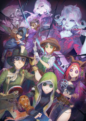  4girls 6+boys animal_on_shoulder apron arm_guards ascot belt belt_buckle between_fingers bird bird_on_shoulder black_belt black_eyes black_gloves black_hair black_hat black_robe black_shirt black_skin black_veil blindfold blue_capelet blue_coat blue_eyes blue_pants blue_robe bottle bow braid bridge_piercing brown_gloves brown_hair brown_hat buckle burn_scar button_eyes buttons candle capelet center_frills claw_(weapon) clenched_hands clenched_teeth coat collarbone collared_shirt colored_skin compass covered_eyes cowboy_shot crack cracked_glass curly_hair curtained_hair dreamcatcher dress earrings eli_clark emma_woods expressionless eye_symbol face_piercing facial_mark fan_wujiu fascinator fighting_stance fingerless_gloves fingernails fiona_gilman flower freckles frilled_sleeves frills frown furrowed_brow glass_shard glass_shards gloves gold_belt gold_earrings green_apron green_eyes green_jacket green_shirt grin group_picture hair_between_eyes hair_bow hair_bun hair_flower hair_ornament hair_over_shoulder hair_pulled_back half_updo hand_on_headwear hand_up hat head_chain helmet highres holding holding_bottle holding_glass_shard holding_photo holding_umbrella holding_wrench hood hood_up hooded_capelet horned_hood horns identity_v jack_(identity_v) jacket jewelry joseph_desaulniers lipstick long_hair long_hair_between_eyes long_sleeves looking_at_viewer looking_back low_ponytail magnet makeup mary_(identity_v) mashutarou_(neko_no_oyashiro) mask medium_hair mole mole_under_eye multicolored_skin multiple_boys multiple_girls naib_subedar nervous norton_campbell nose_piercing object_floating_above_hand oil-paper_umbrella open_clothes open_jacket orange_hair owl pants parted_bangs parted_lips photo_(object) piercing ponytail puffy_short_sleeves puffy_sleeves purple_dress purple_hood purple_lips purple_sleeves red_dress red_lips robe scar sharp_fingernails shirt short_hair short_sleeves shrug_(clothing) side_slit single_braid single_glove single_hair_bun sleeveless sleeveless_jacket sleeves_rolled_up smile solid_eyes standing stitched_mouth stitched_neck stitches straw_hat stuffing suspenders teeth three-quarter_sleeves top_hat torn_clothes torn_jacket torn_sleeves two-tone_skin umbrella veil veil_over_eyes vera_nair violet_eyes wallet_chain weapon white_flower white_gloves white_hair white_robe white_shirt white_skin wrench xie_bian yellow_gloves yellow_pants 