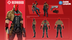  armor bat_signal batman_(series) batman_symbol black_bodysuit black_gloves bodysuit boots brown_jacket character_name character_profile concept_art dc:_dark_legion dc_comics dual_wielding from_behind full_body gloves grey_bodysuit gun handgun highres holding holding_gun holding_weapon jacket jason_todd long_sleeves male_focus mask multiple_views multiple_weapons muscular muscular_male official_art open_clothes pants red_hood_(dc) red_mask reference_sheet simple_background standing superhero_costume taut_bodysuit turnaround two-tone_bodysuit weapon 