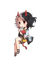  1girl animal_ears animal_print black_hair chibi chibi_only commentary_request cow_ears cow_girl cow_horns cow_print cow_tail dairi frilled_shorts frills full_body haori horns japanese_clothes large_variant_set multicolored_hair red_horns red_sandals red_tail sandals short_hair shorts solo split-color_hair tachi-e tail touhou transparent_background two-tone_hair ushizaki_urumi variant_set yellow_shorts 