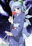  1girl alternate_costume alternate_hairstyle bag blue_eyes blue_hair bow candy_apple cirno fang hair_bow hair_ornament hairclip ice ice_wings japanese_clothes kimono long_sleeves looking_at_viewer masiromu obi open_mouth ponytail sash smile solo touhou wide_sleeves wings 