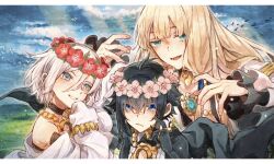  1boy 2others bird black_hair blonde_hair blue_eyes blue_hair blue_sky blush choker day dove_(fate) fate/grand_order fate_(series) flower_wreath gold_choker green_eyes grey_eyes hair_intakes hair_tubes highres jewelry long_hair long_sleeves looking_at_viewer low-tied_sidelocks multicolored_hair multiple_others natori_re necklace noah_(fate) open_mouth outdoors raven_(fate) short_hair sidelocks sky smile streaked_hair white_hair 