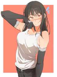  1girl black_gloves black_hair black_pants blush breasts chainsaw_man closed_mouth cowboy_shot cross_scar eitopondo elbow_gloves frown gloves highres long_hair looking_at_viewer medium_breasts orange_background orange_eyes outside_border pants ringed_eyes scar scar_on_cheek scar_on_face shirt_tucked_in simple_background sleeveless solo standing tank_top white_tank_top yoru_(chainsaw_man) 
