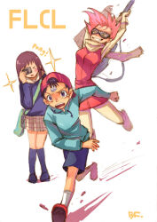  1boy 2girls aqua_hoodie aqua_sleeves archived_source bag bandaid bandaid_on_face bandaid_on_forehead baseball_cap bass_guitar bf._(sogogiching) blue_shorts blue_sleeves blue_socks blue_sweater blush breasts brown_eyes brown_hair camera can clenched_hand closed_eyes copyright_name flcl fleeing gainax gloves goggles green_bag grin guitar_strap haruhara_haruko hat holding holding_bass_guitar holding_camera holding_can holding_instrument hood hoodie incoming_attack instrument jacket kneehighs knees_together_feet_apart long_hair long_sleeves medium_breasts midair multiple_girls nandaba_naota nostrils open_mouth pink_hair plaid_clothes plaid_skirt pleated_skirt red_hat red_jacket red_shoes rickenbacker rickenbacker_4001 running samejima_mamimi scarf school_uniform serafuku shoes short_hair shorts shoulder_bag signature simple_background skirt sleeve_cuffs sleeveless sleeveless_jacket smile socks sound_effects sparkle standing sweater taking_picture tears teeth toggles upper_teeth_only white_scarf white_socks yellow_eyes yellow_gloves yellow_leggings yellow_skirt yellow_sleeves 