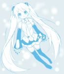  1girl detached_sleeves etou_(cherry7) hatsune_miku long_hair looking_at_viewer monochrome necktie skirt smile solo thigh-highs twintails very_long_hair vocaloid 