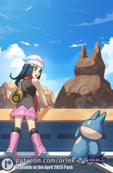  1girl :o artist_name bag beanie black_hair blue_eyes boots clouds commentary day duffel_bag hat hikari_(pokemon) kneehighs leaning_forward long_hair looking_back munchlax open_mouth orlek outdoors patreon_logo pokemon pokemon_(creature) pokemon_dppt purple_skirt scarf shirt skirt sky sleeveless sleeveless_shirt socks tiptoes watermark web_address yellow_bag 