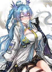  1girl arknights black_shorts blue_hair blush braid breasts coat cup dragon_horns earrings highres holding holding_cup horns jewelry large_breasts ling_(arknights) long_hair necktie pointy_ears sakutein_oekaki shorts smile thigh_strap twitter_username violet_eyes white_coat yellow_necktie 