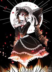  1girl black_hair black_jacket black_nails black_ribbon black_skirt blunt_bangs border bow burning_at_the_stake celestia_ludenberg collared_shirt cowboy_shot cross-laced_clothes cross-laced_sleeves danganronpa:_trigger_happy_havoc danganronpa_(series) drill_hair earrings eyelashes falling_petals fire frilled_hairband frilled_jacket frilled_shirt frilled_skirt frilled_sleeves frills gothic_lolita hair_bow hairband highres interlocked_fingers jacket jewelry lace-trimmed_skirt lace_trim light_particles lolita_fashion lolita_hairband long_hair long_sleeves miniskirt mmr_0x nail_polish necktie nervous_smile nervous_sweating open_clothes open_jacket own_hands_clasped own_hands_together pale_skin parted_lips petals planet_earrings pointy_nose print_necktie red_eyes red_necktie ribbon ribbon_legwear rose_petals shirt sidelocks skirt smile solo spoilers standing sweat teeth thigh-highs twin_drills twintails very_long_hair watermark white_border white_hairband white_shirt white_thighhighs zettai_ryouiki 