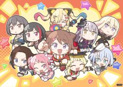  &gt;_&lt; 6+girls animal_ear_headphones animal_ears artist_request bang_dream! bang_dream!_it&#039;s_mygo!!!!! bang_dream!_mugendai_mewtype black_dress black_hair blonde_hair blue_eyes blush brown_eyes brown_hair chibi clenched_hand closed_eyes dress fake_animal_ears garrison_cap gloves grey_hair hair_ornament hat headphones jacket kurata_mashiro long_hair looking_at_another looking_at_viewer maruyama_aya minato_yukina misumi_uika mitake_ran multiple_girls nakamachi_arale official_alternate_costume official_art one_eye_closed open_mouth pink_eyes pink_hair red_eyes shirt short_hair shorts speaker star_(symbol) takamatsu_tomori toyama_kasumi tsurumaki_kokoro twintails wakana_rei white_dress white_hair white_shirt 