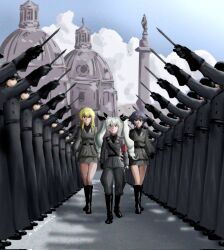  3girls anchovy_(girls_und_panzer) anzio_military_uniform armband belt black_boots black_gloves black_hair black_helmet black_ribbon black_shirt blonde_hair blue_sky boots braid breasts brown_eyes brown_hair carpaccio_(girls_und_panzer) church clenched_hands coat dress_shirt drill_hair fascist full_body girls_und_panzer gloves green_eyes green_hair grey_coat grey_jacket hair_ribbon helmet highres holding holding_knife jacket knife large_breasts long_hair long_sleeves looking_at_viewer medium_breasts military military_jacket military_uniform multiple_boys multiple_girls necktie pepperoni_(girls_und_panzer) real_life_insert red_armband red_eyes ribbon ser_kaivonfalk shirt short_hair side_braid sky smile twin_drills twintails twitter_username 