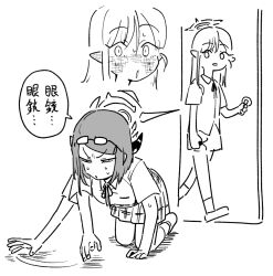  2girls afterimage all_fours aru_(blue_archive) asahina_yoshitoshi blue_archive blush ear_blush eyewear_on_head glasses greyscale halo horns long_hair monochrome multiple_girls mutsuki_(blue_archive) pointy_ears shirt short_hair short_sleeves skirt speech_bubble squinting translation_request walking white_background 