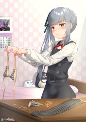  1girl belt bikini black_belt black_bikini black_dress black_ribbon black_thighhighs brown_eyes dress grey_hair hair_ribbon highres izumi_kuma kantai_collection kasumi_(kancolle) kasumi_kai_ni_(kancolle) long_hair neck_ribbon pinafore_dress red_ribbon ribbon shirt side-tie_bikini_bottom side_ponytail sleeveless sleeveless_dress solo string_bikini swimsuit thigh-highs very_long_hair white_shirt 