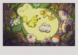  animal_focus bulbasaur chansey charmander claws closed_eyes closed_mouth ekans fangs fire flame-tipped_tail highres holding holding_poke_ball jigglypuff lying nidoran nidoran_(male) no_humans on_back on_side on_stomach onamuzi_illust open_mouth pikachu poke_ball pokemon pokemon_(creature) pokemon_focus sleeping smile snake snorlax squirtle tail voltorb 