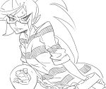  1girl bb_(baalbuddy) blush chained_wrists demon_girl fang glasses horn kneesocks_(psg) long_hair monochrome panty_&amp;_stocking_with_garterbelt ponytail prison_clothes semi-rimless_glasses shackle sketch solo striped sweatdrop under-rim_glasses 