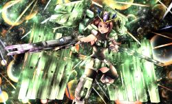  1girl animal_ears black_thighhighs brown_hair commentary_request gundam highres holding holding_weapon horse_ears horse_girl king_halo_(umamusume) mecha_musume open_mouth sleeveless solo thigh-highs umamusume w00l_09 weapon 