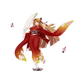  1girl :d awakening_(sennen_sensou_aigis) brown_hair floral_print flower full_body gochou_(kedama) green_eyes hair_flower hair_ornament hand_up highres holding holding_paddle japanese_clothes kimono long_hair obi official_art paddle rean_(sennen_sensou_aigis) red_kimono sandals sash sennen_sensou_aigis smile socks solo standing very_long_hair white_socks 