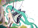  1girl android butterfly_wings cable copyright_name green_eyes green_hair hatsune_miku headphones highres kise_(swimmt) leotard long_hair looking_back necktie open_mouth solo twintails very_long_hair vocaloid wings 