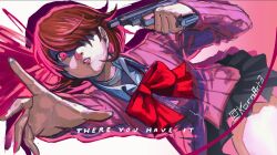  1girl arm_up black_skirt bow bowtie brown_hair cardigan choker collared_shirt cowboy_shot earrings english_commentary evoker flipped_hair gekkoukan_high_school_uniform gun hair_over_one_eye highres holding holding_gun holding_weapon jewelry kornart lips long_sleeves looking_at_viewer miniskirt open_hand parted_lips persona persona_3 persona_3_reload pink_cardigan pink_eyes pink_lips pleated_skirt pointing pointing_at_self red_bow red_bowtie ribbed_cardigan school_uniform shirt short_hair skirt solo stud_earrings summoning swept_bangs takeba_yukari thighs twitter_username weapon white_choker white_shirt 