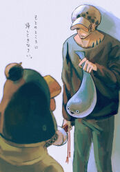  2boys black_shirt closed_mouth commentary_request earrings facial_hair goatee hat highres holding holding_sword holding_weapon jewelry male_focus multiple_boys one_piece penguin_(one_piece) sacabambaspis shirt sword trafalgar_law translation_request uyunosora weapon white_hat 