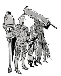  3boys armor armored_boots boots breastplate club_(weapon) commentary dark_souls_(series) dark_souls_ii english_commentary full_armor full_body fume_knight greatsword greyscale helm helmet highres holding holding_club holding_sword holding_weapon knight looking_at_another monochrome multiple_boys rat_(ddi1883981) simple_background sir_alonne standing sword velstadt_the_royal_aegis weapon 