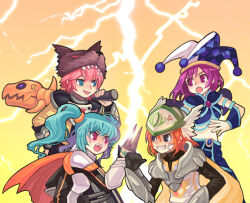  anger_vein aqua_eyes aqua_hair armlet asgard bandaid bandaid_on_cheek bandaid_on_face bf._(sogogiching) black_sleeves blue_gemstone blue_hat blue_wrist_cuffs cape club_(weapon) gem gradient_background grey_eyes grin hair_between_eyes hair_tie hat hat_with_ears helmet holding holding_club holding_weapon jester_cap jewelry knight knight_(asgard) lens_flare lightning martial_artist_(asgard) midriff nexon official_art orange_background orange_cape orange_hair pelt pink_hair purple_hair red_eyes scar scar_on_cheek scar_on_face second-party_source silver_armor smile spikes surcoat teeth tongue twintails two-tone_background two-tone_hat upper_teeth_only vambraces violet_eyes wavy_hair weapon white_hat winged_helmet wolf_hat wolf_pelt wrist_cuffs yellow_background yellow_sleeves 