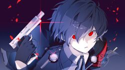  1boy armband black_capelet black_gloves black_jacket blue_background blue_hair blue_ribbon capelet earphones evoker finger_on_trigger floating_cape gekkoukan_high_school_uniform glint gloves gradient_background gun hair_between_eyes highres holding holding_gun holding_weapon jacket looking_at_viewer male_focus nodoka906 open_clothes open_jacket parted_lips persona persona_3 persona_3_reload purple_background red_armband red_eyes ribbon s.e.e.s school_uniform shirt short_hair signature solo upper_body weapon white_shirt yuuki_makoto_(persona_3) 