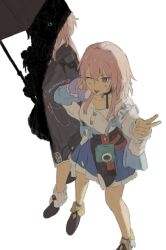 2girls black_choker black_dress black_shoes blue_eyes blue_jacket blue_skirt blush breasts buttons camera choker collarbone collared_shirt dress dual_persona evernight_(honkai:_star_rail) face_in_shadow flower flower_ornament full_body gem hair_between_eyes hair_flower hair_ornament hand_on_own_hip hand_up holding holding_umbrella honkai:_star_rail honkai_(series) jacket korshokor long_hair long_sleeves looking_at_viewer march_7th_(honkai:_star_rail) march_7th_(preservation)_(honkai:_star_rail) medium_breasts multicolored_eyes multiple_girls official_alternate_costume official_alternate_hairstyle pink_hair pleated_skirt puffy_long_sleeves puffy_sleeves red_gemstone shirt shoes short_hair sidelocks simple_background skirt smile socks standing tied_jacket tongue tongue_out two-tone_dress umbrella v violet_eyes white_background white_dress white_flower white_shirt white_socks yellow_socks 