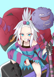  1girl absurdres aqua_background aqua_eyes bass_guitar black_boots black_shorts blush boots collarbone commentary_request dress fangs freckles hair_bobbles hair_ornament highres holding holding_bass_guitar holding_instrument holding_poke_ball instrument koffing long_sleeves mouth_hold open_mouth osutaka19931015 plectrum plectrum_in_mouth poke_ball poke_ball_(basic) pokemon pokemon_(creature) pokemon_bw2 roxie_(pokemon) scolipede shorts shorts_under_dress simple_background sitting skull_and_crossbones smile striped_clothes striped_dress teeth topknot two-tone_dress v-shaped_eyebrows white_hair 