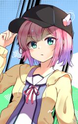  1girl :/ black_hat blue_background blunt_bangs blunt_ends blush bob_cut chiyoda_momo closed_mouth commentary cruvie eyelashes frown green_background green_eyes hand_up hat heart highres hood hood_down hoodie long_sleeves looking_at_viewer machikado_mazoku medium_hair open_clothes open_hoodie peaked_cap pink_hair sailor_collar school_uniform serafuku signature simple_background solo straight_hair two-tone_background upper_body v-shaped_eyebrows white_sailor_collar wing_hat_ornament yellow_hoodie 