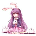  1girl :3 animal_ears barefoot bunny_tail crescent dress_shirt fang long_hair looking_at_viewer necktie open_mouth purple_hair rabbit rabbit_ears red_eyes reisen_udongein_inaba satorichan shadow shirt simple_background sitting skirt sleeves_past_wrists solo suit_jacket tail touhou very_long_hair white_background yokozuwari |_| 