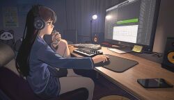  1girl absurdres akg at_computer bang_dream! bang_dream!_it&#039;s_mygo!!!!! blue_shirt blue_shorts cellphone chair cloud_nine_(798392138) commentary computer_keyboard computer_mouse highres instrument keyboard_(instrument) lamp long_hair long_sleeves monitor pajamas phone shiina_taki shirt shorts smartphone solo speaker stuffed_animal stuffed_panda stuffed_toy violet_eyes 