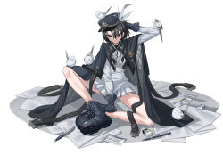  1girl animal_on_arm animal_on_head belt bird bird_on_arm bird_on_head black_boots black_gloves black_hair black_hat black_jacket blue_eyes boots breasts butterfly_sitting closed_mouth dress eraser eyebrows_hidden_by_hair full_body gloves grey_dress hair_between_eyes hat hat_feather highres jacket looking_at_viewer mechanical_pencil on_head original paper pen pencil short_hair simple_background sitting small_breasts smile solo user_wadk3283 white_background 