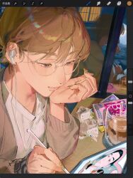  1girl amo_(amo_0514) art_program_in_frame blue_eyes blush brown_cardigan brown_hair brown_nails cardigan chinese_commentary closed_mouth coaster commentary_request cup desk drawing_(action) drink drinking_glass earphones earphones elbow_rest fingernails food_wrapper glasses hair_behind_ear hand_up head_on_hand highres holding holding_stylus indoors ipad karaoke_iko! long_fingernails long_sleeves looking_down nail_polish narita_kyouji oka_satomi original procreate_(software) reflection shirt short_hair sitting solo stylus tablet_pc upper_body user_interface white_shirt window 