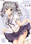  1girl :o blush drill_hair hair_ribbon idolmaster idolmaster_cinderella_girls kanzaki_ranko long_hair looking_at_viewer navel open_mouth red_eyes ribbon school_uniform short_sleeves silver_hair skirt smile solo tsukudani_norio twin_drills twintails white_legwear 