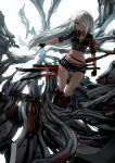  1girl black_gloves boots breasts cleavage dark_skin fingerless_gloves gloves hair_over_one_eye highres katana knee_boots long_hair midriff navel original outstretched_hand red_eyes shorts silver_hair solo sword very_long_hair walking weapon zenn 