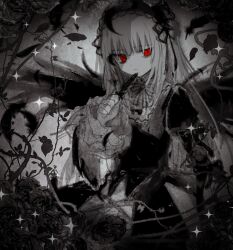  1girl arm_at_side closed_mouth cowboy_shot dress falling_feathers feathers flower frilled_dress frills gothic_lolita greyscale hairband hand_up highres holding holding_feather juliet_sleeves kaitenta1 lolita_fashion lolita_hairband long_hair long_sleeves looking_at_viewer monochrome neck_ribbon plant puffy_sleeves red_eyes ribbon rose rozen_maiden solo sparkle spot_color standing suigintou thorns vines vingetting wings 