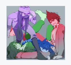  4boys annoyed bags_under_eyes bandaged_hand bandages barefoot beanie blazer blue_theme boots border buttons chain chain_necklace clenched_hand clenched_teeth coat_partially_removed collared_coat collared_jacket collared_shirt commentary_request covered_mouth danganronpa_(series) danganronpa_v3:_killing_harmony dress_pants dress_shoes facial_hair fake_horns fang feet flame_print frustrated full_body gakuran glasses goatee gokuhara_gonta green_theme grey_background hair_over_shoulder hand_on_headwear hat height_difference horned_headwear horns hoshi_ryoma jacket jewelry knee_boots lapels layered_sleeves leaning_forward leather leather_jacket long_hair long_sleeves looking_at_another lying lying_on_person male_focus mask momota_kaito mouth_mask multiple_boys multiple_monochrome necklace necktie nervous nervous_sweating notched_lapels on_back on_stomach open_clothes open_jacket open_mouth pants peaked_cap pocket_watch print_headwear print_shirt purple_theme r&#039;l_(arul-erur-plant-403) red_theme round_eyewear school_uniform shinguji_korekiyo shirt short_hair short_male sitting sleeve_cuffs spiky_hair straight_hair striped_clothes striped_pants stuck_in_a_box suit sweat sweatdrop teeth toes undershirt v-neck v-shaped_eyebrows watch wavy_mouth white_border zipper 