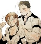  1boy 1girl adjusting_hair black_hair blue_eyes blush breasts brown_hair chanko_neru chris_redfield cleavage facial_hair height_difference jill_valentine long_hair mouth_hold muscle resident_evil scrunchie sleeves_rolled_up stubble translation_request 