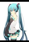  1girl aqua_eyes aqua_hair detached_sleeves harusawa hatsune_miku headset letterboxed long_hair necktie skirt smile solo thighhighs twintails very_long_hair vocaloid white_background 