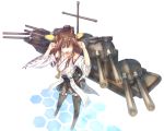  1girl ahoge boots brown_hair cannon detached_sleeves grey_eyes hairband headgear japanese_clothes kantai_collection kongou_(kantai_collection) long_hair open_mouth personification sabamu solo thigh_boots thighhighs warship wink 