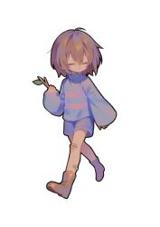 1other ahoge ankle_boots astigmatism_(undertale) bandaid bandaid_on_knee bandaid_on_leg bare_legs blue_shorts blue_sweater boots border brown_boots brown_hair child closed_eyes closed_mouth commentary denim denim_shorts double-parted_bangs dummy_(undertale) english_commentary facing_to_the_side final_froggit frisk_(undertale) full_body ghost hair_between_eyes hand_up heart holding holding_stick kiriyume leaf long_sleeves medium_hair migospel moldessa napstablook other_focus outside_border parsnik pink_sweater puffy_long_sleeves puffy_sleeves shorts simple_background sleeves_past_wrists solo_focus soul_(deltarune) standing stick striped_clothes striped_sweater sweater thumbnail_surprise transparent_background turtleneck turtleneck_sweater two-tone_sweater undertale utdr_(toby_fox) walking whimsalot white_border