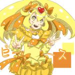 1girl blonde_hair brooch bubble_skirt choker circlet color_connection cosplay crossover cure_muse_(yellow) cure_muse_(yellow)_(cosplay) cure_peace double_v dress frills heart jewelry kasetsu kise_yayoi long_hair magical_girl ponytail precure ribbon smile smile_precure! solo suite_precure translation_request v white_background yellow yellow_dress yellow_eyes 