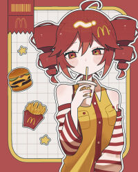 1girl absurdres ahoge bare_shoulders blush_stickers border burger buttons collared_shirt commentary contrast_collar cup detached_sleeves disposable_cup double-parted_bangs drill_hair drinking drinking_straw food french_fries grid_background highres holding holding_cup kasane_teto long_sleeves mcdonald&#039;s okayu_(cwtv7823) outside_border red_border red_eyes red_hair red_sleeves shirt short_hair sleeveless sleeveless_shirt solo striped_sleeves twin_drills twintails upper_body utau white_background yellow_shirt