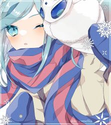  1boy :o blue_eyes blue_hair blue_mittens blue_scarf bug fluffy frosmoth grey_background grusha_(pokemon) highres jacket long_hair long_sleeves looking_at_viewer male_focus mittens moth one_eye_closed pokemon pokemon_(creature) pokemon_sv scarf simple_background snowflakes striped_clothes striped_scarf to_camellia two-tone_scarf upper_body yellow_jacket 