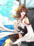  1girl ahoge bird braided_hair brown_hair cup detached_sleeves fang hairband ichika_(beagle_love) japanese_clothes kantai_collection kongou_(kantai_collection) long_hair ocean open_mouth personification seagull sitting sky solo tea thighhighs turret violet_eyes 