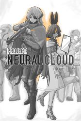  2girls 3boys absurdres animal_ears black_hair closed_mouth commentary_request copyright_name dress ear_protection evelyn_(neural_cloud) eyepatch full_body girls&#039;_frontline_neural_cloud girls_frontline gloves goggles grey_hair gun helmet high_heels highres holding holding_gun holding_weapon icantdrawart imhotep_(neural_cloud) load_bearing_vest long_hair multicolored_hair multiple_boys multiple_girls orange_hair pants shotgun smile spot_color standing streaked_hair tactical_clothes weapon 