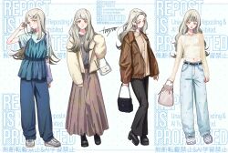  1girl alternate_costume alternate_hairstyle bag baggy_pants belt black_bag black_belt black_boots black_pants blonde_hair blouse blue_pants blush boots breasts brown_jacket brown_skirt collarbone collared_shirt colored_eyelashes commentary contrapposto crop_top earrings elbow_carry flipped_hair full_body gakuen_idolmaster green_shirt grey_hair grey_shirt hair_ornament hairclip hand_up handbag highres holding holding_bag idolmaster jacket jewelry lace-up_boots long_hair long_skirt long_sleeves looking_at_viewer looking_down midriff multiple_views necklace open_clothes open_jacket orange_eyes pants parallel_hairclips parted_bangs platform_boots see-through_clothes see-through_shirt shinosawa_hiro shirt shoes short_sleeves shoulder_bag signature skirt sleeveless sleeveless_shirt small_breasts sneakers standing stud_earrings swept_bangs symbol-only_commentary t-shirt tamayume wavy_hair white_bag white_jacket white_shirt white_shoes yellow_shirt 