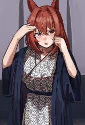  1girl animal_ears bath_yukata between_breasts black_haori blush breasts brown_hair commentary_request daiwa_scarlet_(umamusume) hair_down hair_intakes hands_up haori horse_ears horse_girl japanese_clothes kimono long_hair looking_at_viewer open_mouth red_eyes solo solokitsune sweat umamusume upper_body very_long_hair yukata 